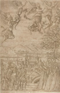 A King and His Retinue Confronting Ladies under a Celestial Battle, c. 1600.