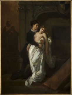 Romeo and Juliet in front of the Capulet tomb, c. 1850. Creator: Delacroix, Eugène (1798-1863).