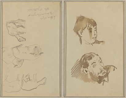 Five Sheep; Head of a Woman and Head of a Bearded Man [recto], 1884-1888.