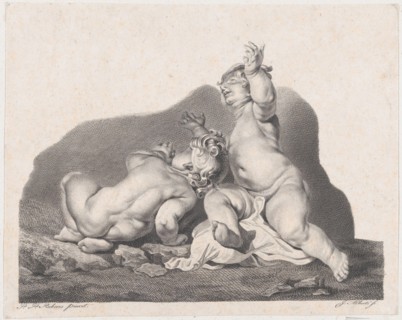 Two children lying on the ground, one seen from behind, 19th century.