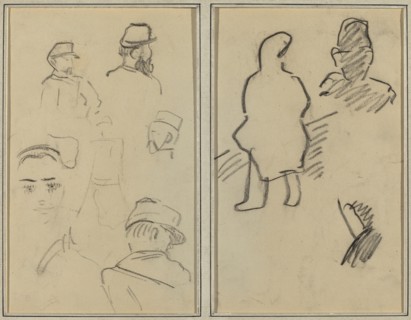 Five Studies of Soldiers and a Woman's Face; Two Figures [recto], 1884-1888.