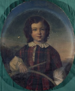 Portrait of a young boy in Scottish costume holding a hoop, between 1801 and 1900.