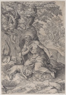 Saint Jerome in the wilderness, with a lion at left, 1578-80.