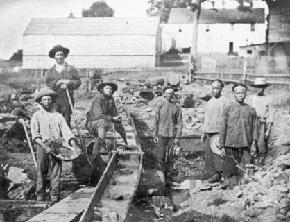 Western and Chinese miners during the California Gold Rush at Auburn Ravine, 1852. Private Collection.