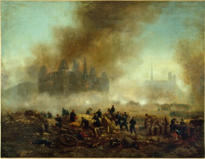 The Hotel de Ville set on fire, attacked by the troops of Versailles, 1871.