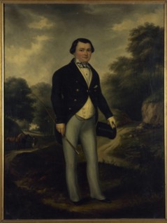 Portrait of Alexandre Perumon (1815-1886), in riding outfit, Bois de Boulogne, c1845.