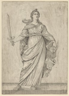 Judith standing on a ledge holding the head of Holofernes in her left hand.., 17th century. Creator: Anon.