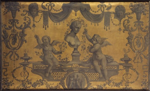 Grotesque decorative panel, two cupids crowning a bust with flowers, between 1801 and 1900.