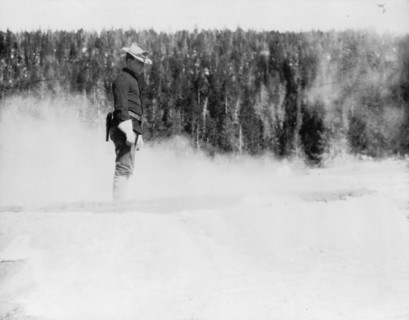 Cavalryman guard at Midway geyser basin, Yellowstone National Park, 1903. (Hot springs in Wyoming).