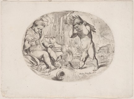 Putto at left by a fire, another at right carrying wood, an allegory of the seasons, ca.1650-80. Creator: Anon.
