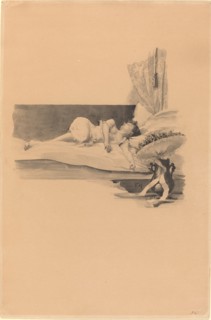 Illustration for "Jestrab Kontra Hrdlicka, XXII" (Girl asleep on a bed), c. 1890.
