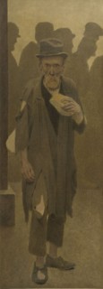 La Bouchée de pain : vieil homme en haillons, de face, tenant un morceau de pain, c.1904.