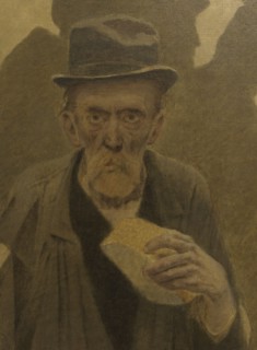 La Bouchée de pain : vieil homme en haillons, de face, tenant un morceau de pain, c.1904.