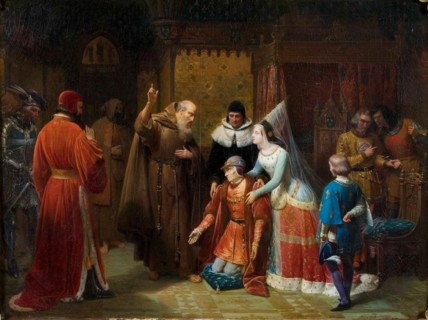 Louis XI of France knelt before Saint Francis of Paola, 1843. Creator: Gosse, Nicolas-Louis-François (1787-1878).