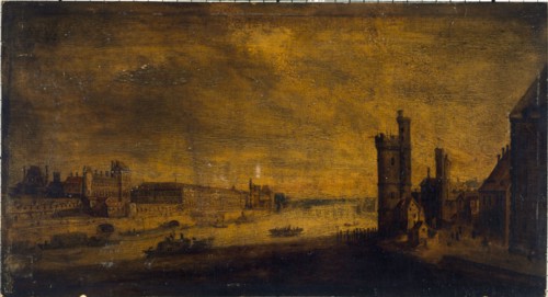 Hotel de Nevers, Tour de Nesle, Grande Galerie and the Louvre, seen from Pont-Neuf, around 1640.