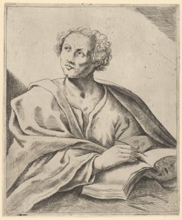 A man holding a book, about to write in it, looking upwards to the left, after Reni (?), 17th century.