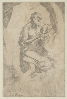 Saint Jerome kneeling on a rock in front of a cross and an open book facing right, after Reni, ca. 1600-1640.