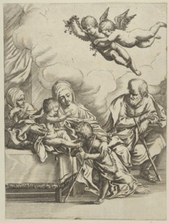The Holy Family with young John the Baptist and Saint Elizabeth, two angels above, after Reni, ca. 1590-1610.