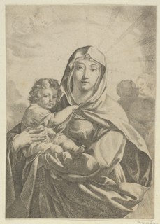 The Virgin standing facing front and holding the infant Christ, angels behind them in the clouds, ca 1700-1800.