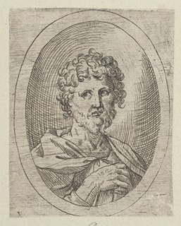 An apostle with a short beard holding a closed book, from Christ, the Virgin, and Thirteen Apostles, 1600-1640.