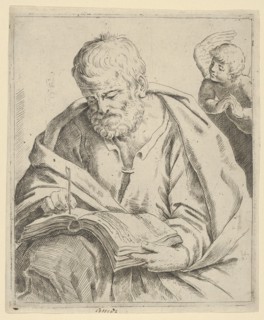 Old man seated and writing in a book, an angel at right looking over his shoulder, after Reni (?), 17th century.
