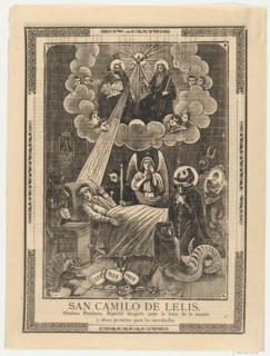 Broadsheet with Saint Camilo de Lelis in bed surrounded by demons, priests and the Holy Trinity above, ca. 1900-10.