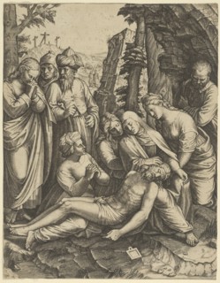 The lamentation of the dead Christ who is supported by the Virgin Mary and surrounded by other figures, ca. 1520-60.