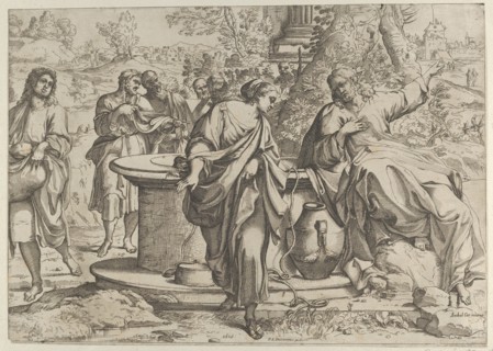 The Samaritan woman standing at the well, Christ seated next to her pointing to the right, after Annibale Caracci, 1610.