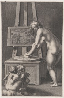 Pictura: allegory of painting, with a nude woman at center grinding pigments, two putti drawing at lower left, ca. 1610-50.