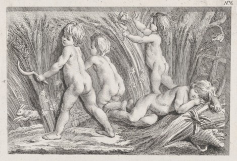Nude children shearing wheat; an allegory of Summer; after a bas-relief on the Fontaine des Quatre-Saisons (Paris), after 1745.