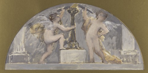 Sketch for the dining room of the Hotel de Ville, two Cupids each holding a torch near a lit flare, c1893.