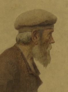 La Bouchée de pain : vieil homme de profil, coiffé d'un béret, mains dans les poches, c.1904.
