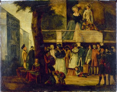 Parade devant un théâtre des boulevards (théâtre des Associés, boulevard du Temple?), c1788.