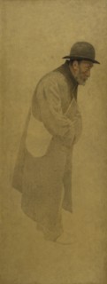 La Bouchée de pain : vieil homme coiffé d'un chapeau melon, une besace en bandoulière, c.1904.