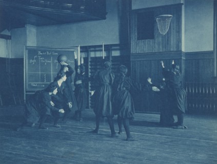 Female students playing basketball, Western High School, Washington, D.C., (1899?).