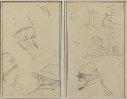Three Studies of Men's Heads, One with Spectacles; Dogs, Children, and Two Bearded Men in Profile [verso], 1884-1888.