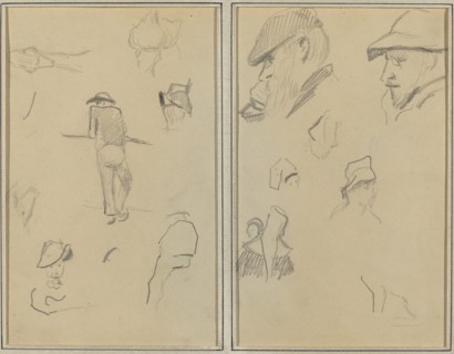 A Man Leaning on a Wall with Five Other Studies; Two Bearded Men Wearing Hats, and Five Other Studies [recto], 1884-1888.