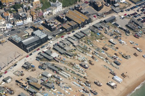 The Stade, beach-launched fishing boats, net shops and Hastings Contemporary art gallery, East Susex, 2016.