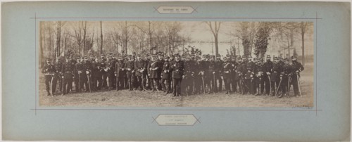 Panorama: group portrait of soldiers from Commander Poisson's 100th Battalion, 1870.