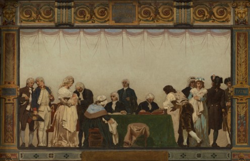 Sketch for the reception hall of the town hall of the 20th arrondissement: Birth, homeland, duty, rights, 1884.