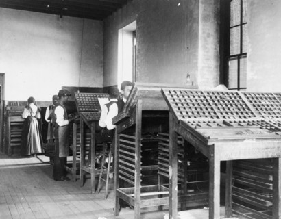Compositors working in printing shop, Hampton Institute, Hampton, Virginia, 1899 or1900.
