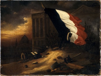 Temporary tomb of victims from July 1830 days, in front of the colonnade of the Louvre, 1830.