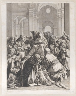 Death of the Virgin, lying on a chair at center, surrounded by Apostles, inside a temple, 1790-1822.