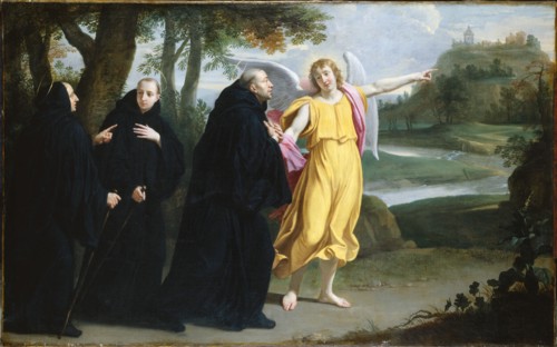 Scène de la vie de saint Benoît : l'ange désignant à saint Benoît l'emplacement du monastère du mont Cassin, c1656.