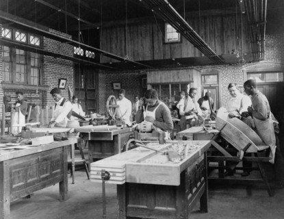 Young men training in wheel wrighting at Hampton Institute, Hampton, Virginia, 1899 or 1900.