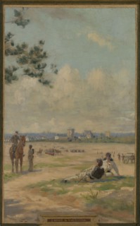 Sketch for the town hall of Vincennes: the chapel, keep, obelisk, the manoeuvring area..., 1898. Creator: Maurice Chabas.