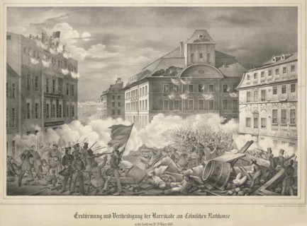 Fighting on the barricade at the Köllnische Rathaus (Cölln Town Hall) in Berlin...March 18-19, 1848. Creator: Anonymous.