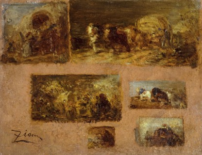 Panneau de six études de chariot (au recto) ; Paysage (au verso), between 1843 and 1844.