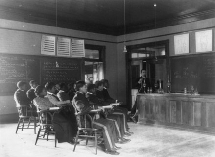 Students in class learning how to prepare sulphuric acid, Hampton Institute, Hampton, Va., between 1899 and 1900.