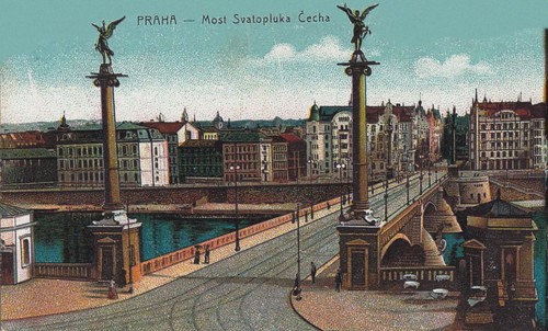 View across Vltava river looking at Cech Bridge and Old Town, c. 1910. Creator: Anonymous.